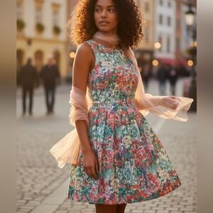 14W Petite Talbots Floral Sundress Bold Multicolor Floral Print Pleated Fit